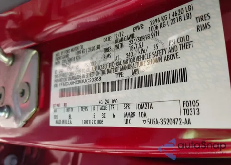 2013 Ford Escape Sel из США, поврежденный, VIN 1FMCU0HX8DUC20368